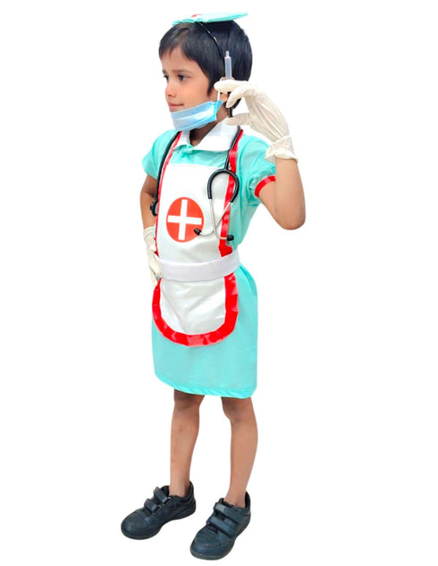 BookMyCostume Community Helper Nurse Sister Fancy Dress Costume For Girls | Complete Set with Frock, Apron, Cap, Stethoscope & Syringe – Perfect for Role Play & Kids Fancy Dress